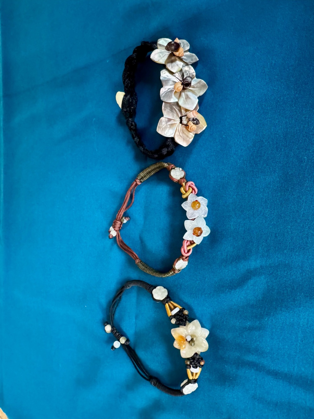 Lot of 3 Handcrafted Cord Flower Bracelet with White Shell Flowers